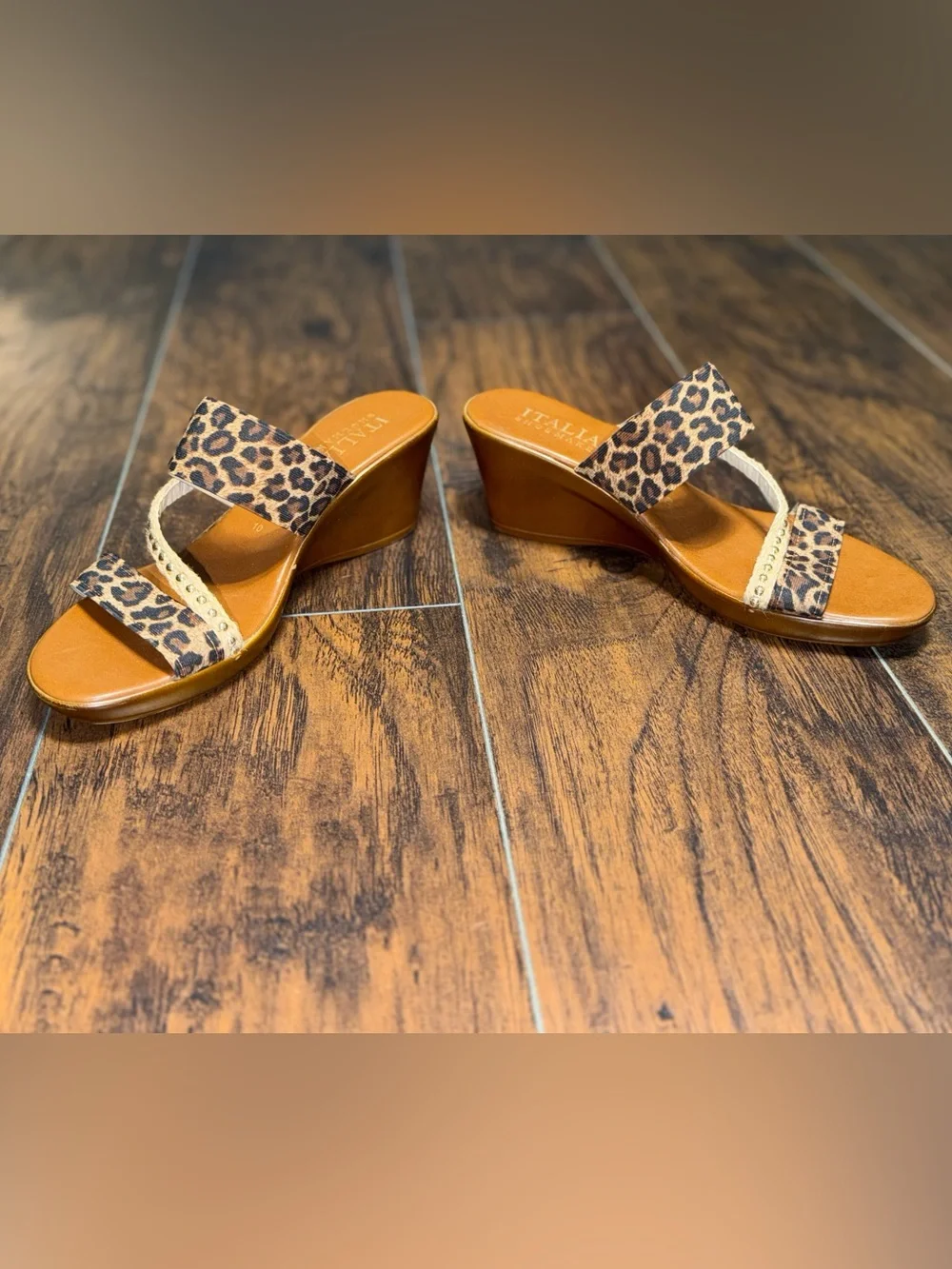 Italian Shoemakers Leopard Print Wedge Sandals with Gold Accent